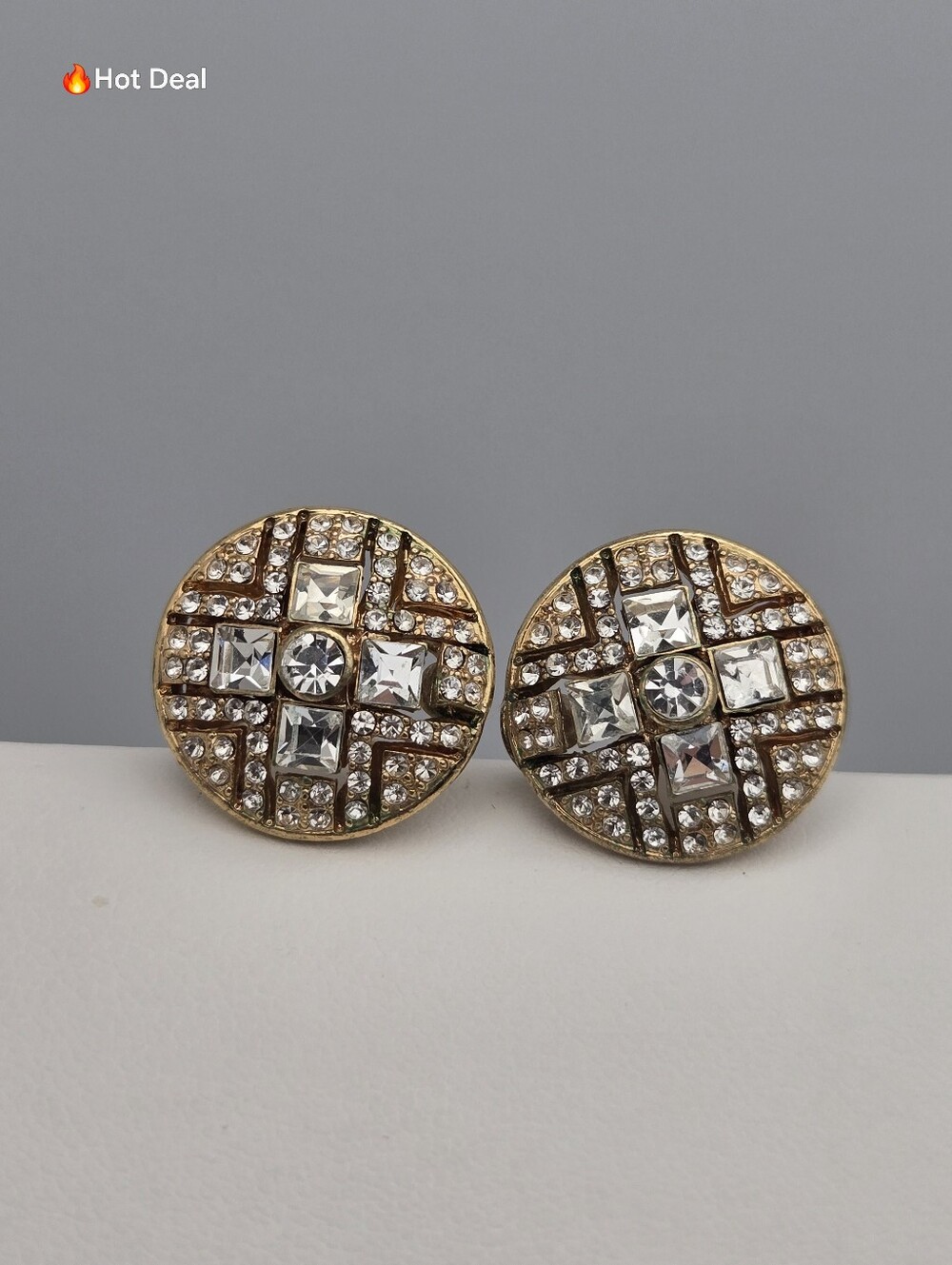 Carolee Pavé Rhinestone Dome Grid Stud Earrings Gold Tone 3/4" Vintage